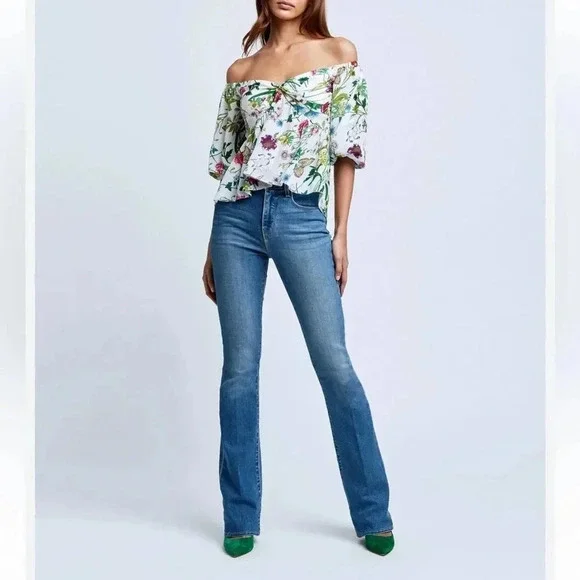 L'agence Elena Off-The-Shoulder 100% Silk Blouse White Multi Botanical Floral XS - Picture 3 of 13